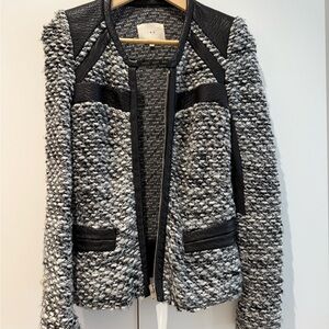 IRO Black and Gray Tweed Blazer with Leather Details